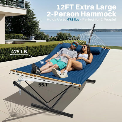 Hammock with Stand, 2 Person Quilted Outdoor Hammock, Detachable Pillow & Bamboo Spreaders, Portable Hammock with Carrying Bag, Heavy Duty Stand, Perfect for Outside, Patio, Navy Blue