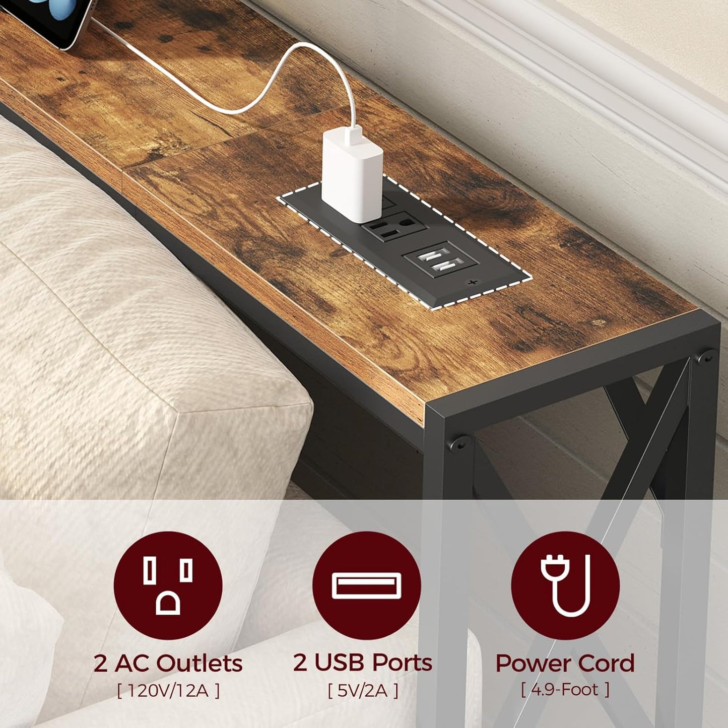 78.7'' Narrow Sofa Table with Charging Station, 2 Pack Skinny Console Table, Slim Entryway Hallway Couch Table, for Entrance, Foyer, Living Room, Hallway, Rustic Brown CTHR151E01S2