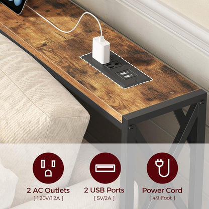 78.7'' Narrow Sofa Table with Charging Station, 2 Pack Skinny Console Table, Slim Entryway Hallway Couch Table, for Entrance, Foyer, Living Room, Hallway, Rustic Brown CTHR151E01S2