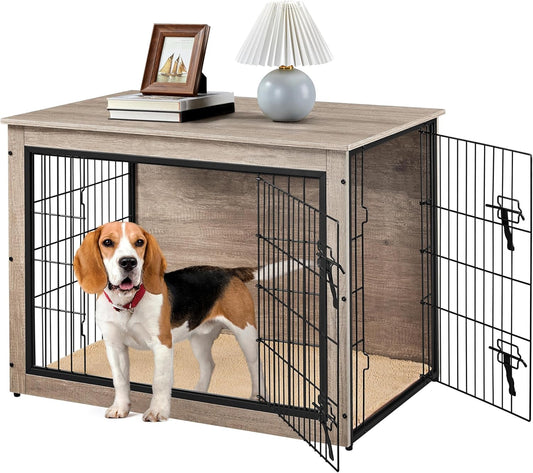 38'' Dog Crate Furniture with Cushion Wooden Dog Crate with Double Doors/Adjustable Feet Side End Table for Medium/Large Dogs, 37.80" L X 25.59" W X 26.57" H