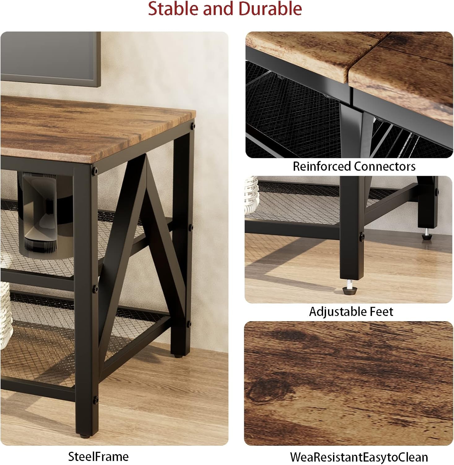 TV Stand for Tvs up to 65 Inch, 55" Long Industrial TV Console Table with 3-Tier Storage Shelves, Entertainment Center for Living Room, Bedroom (Rustic Brown)