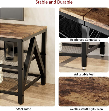 TV Stand for Tvs up to 65 Inch, 55" Long Industrial TV Console Table with 3-Tier Storage Shelves, Entertainment Center for Living Room, Bedroom (Rustic Brown)