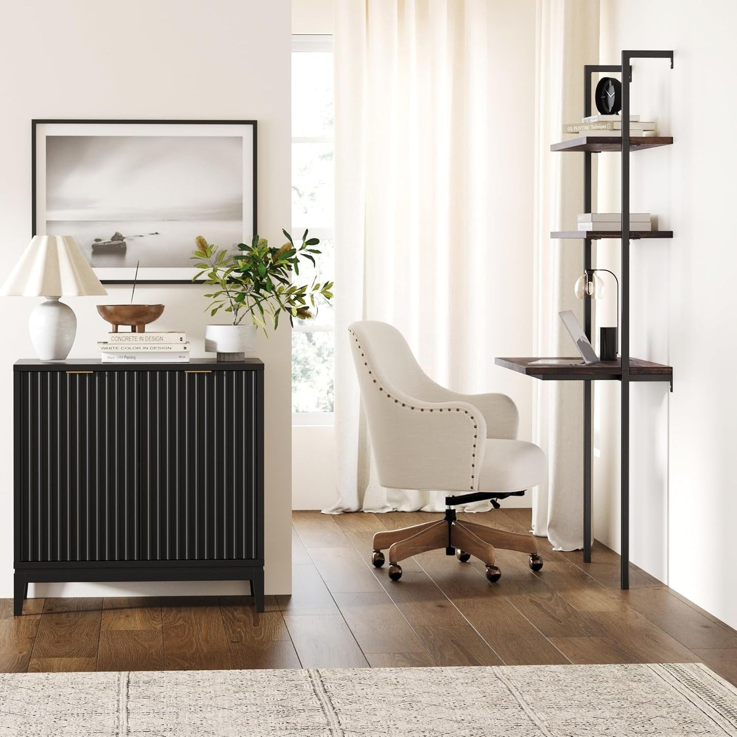 Jasper Modern Sideboard, Kitchen Storage Cabinet with Fluted Doors, Accent Storage for Kitchen or Living Room, Black Oak