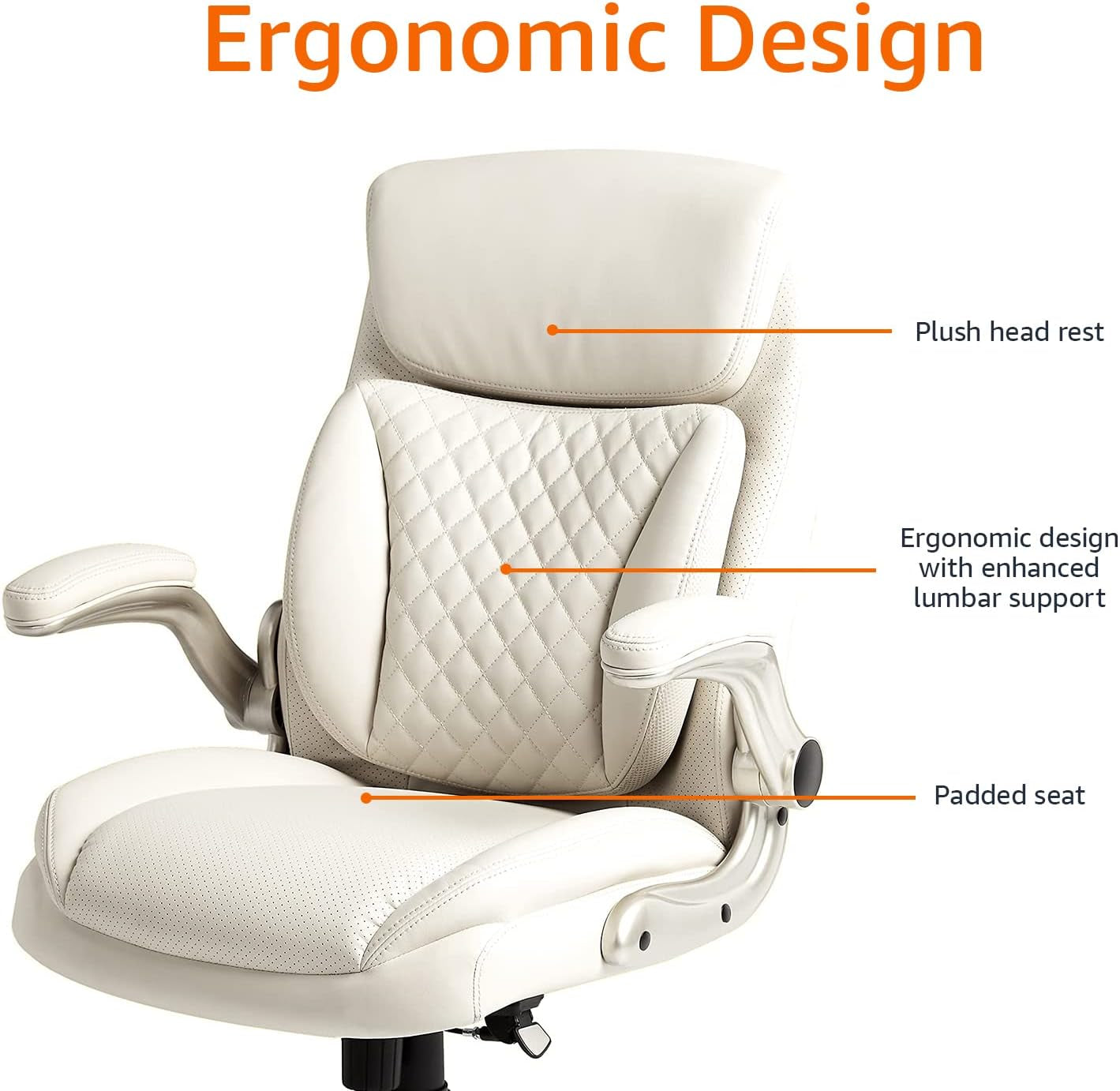 Ergonomic Executive Office Desk Chair with Lumbar Support, Flip-Up Armrests, Adjustable Height, Cream Leather