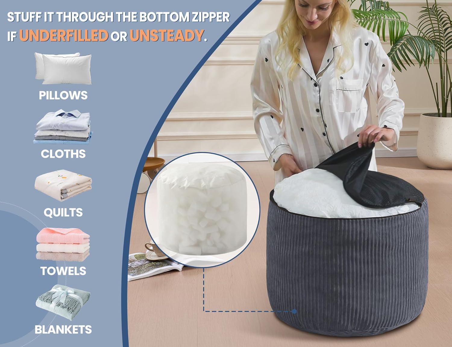 Pouf Ottoman Foot Stools Ottoman with Foam Small Corduroy Ottomans for Living Room Ottomans Pouf 20X15 Floor Poufs Foot Rest for Office Chair Dark Grey Foot Stool Small