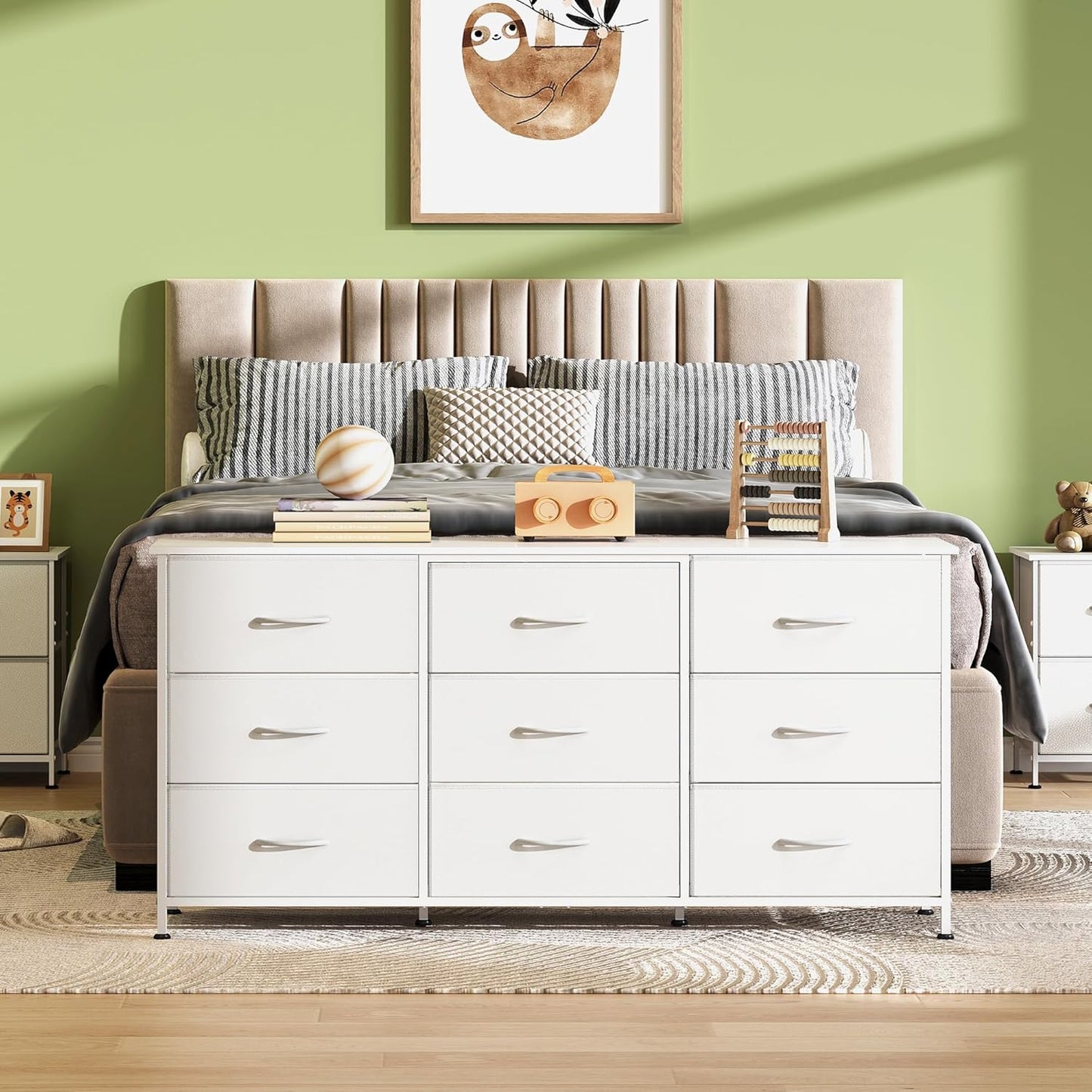 54''W Dresser for Bedroom, White Dresser TV Stand for 55, 60, 65 Inch TV, Wide Chest of Drawers with 9 Drawer, Large Entertainment Center, Fabric Dressers with Wood Top for Closet, Living Room