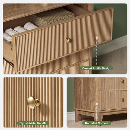 Fluted 6 Drawers Dresser, 54" Wide Modern Chest of Drawers with round Corners, Wooden Dresser TV Stand, Wood Drawer Organizer for Bedroom, Living Room, Hallway