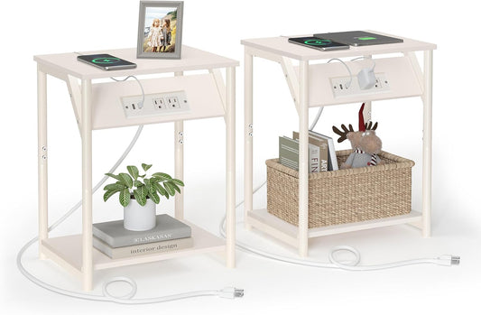 End Table with Charging Station, Set of 2, Small Side Tables for Living Room, Bedroom, Nightstand with Outlets and USB Ports, Bedside Table with Storage Shelf, Cream White