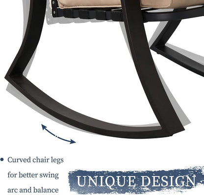 Oakmont Outdoor Furniture 3 Piece Conversation Bistro Set Rocking Chairs and Glass Top Table, Thick Cushions, Black Steel (Brown)