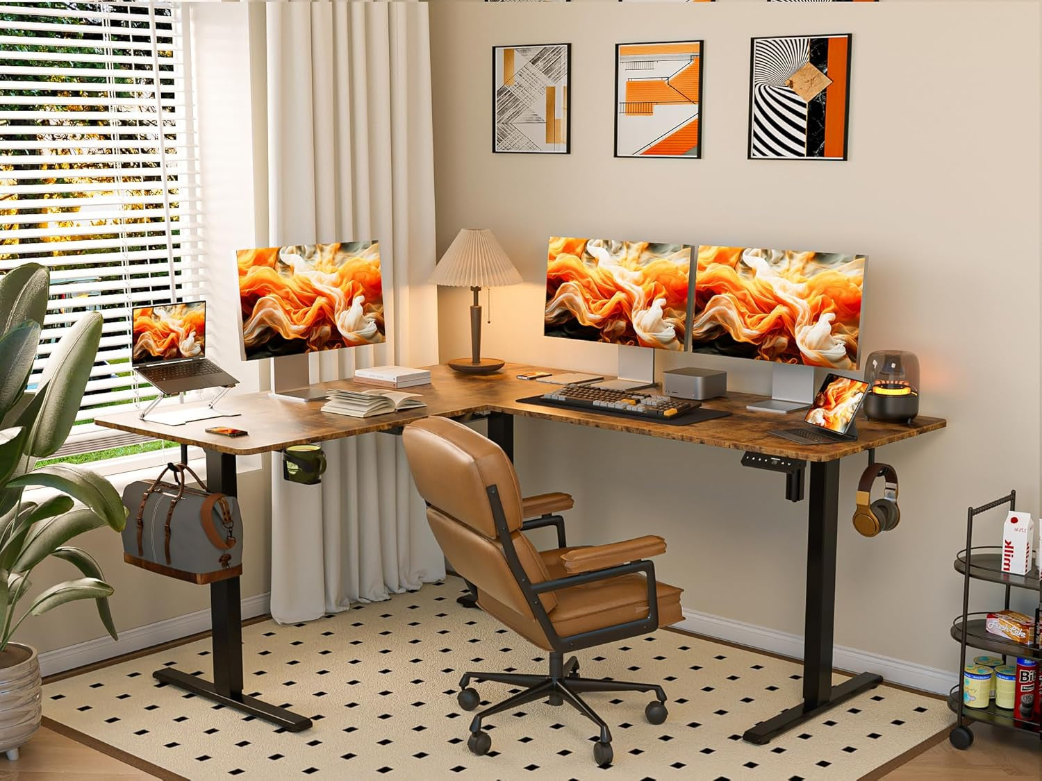 75X61 Inches Reversible L Shaped Standing Desk Height Adjustable with Cup Holder, Electric Corner Computer Workstation for Home Office, Ergonomic Sit Stand up Gaming Desk, Rustic Brown