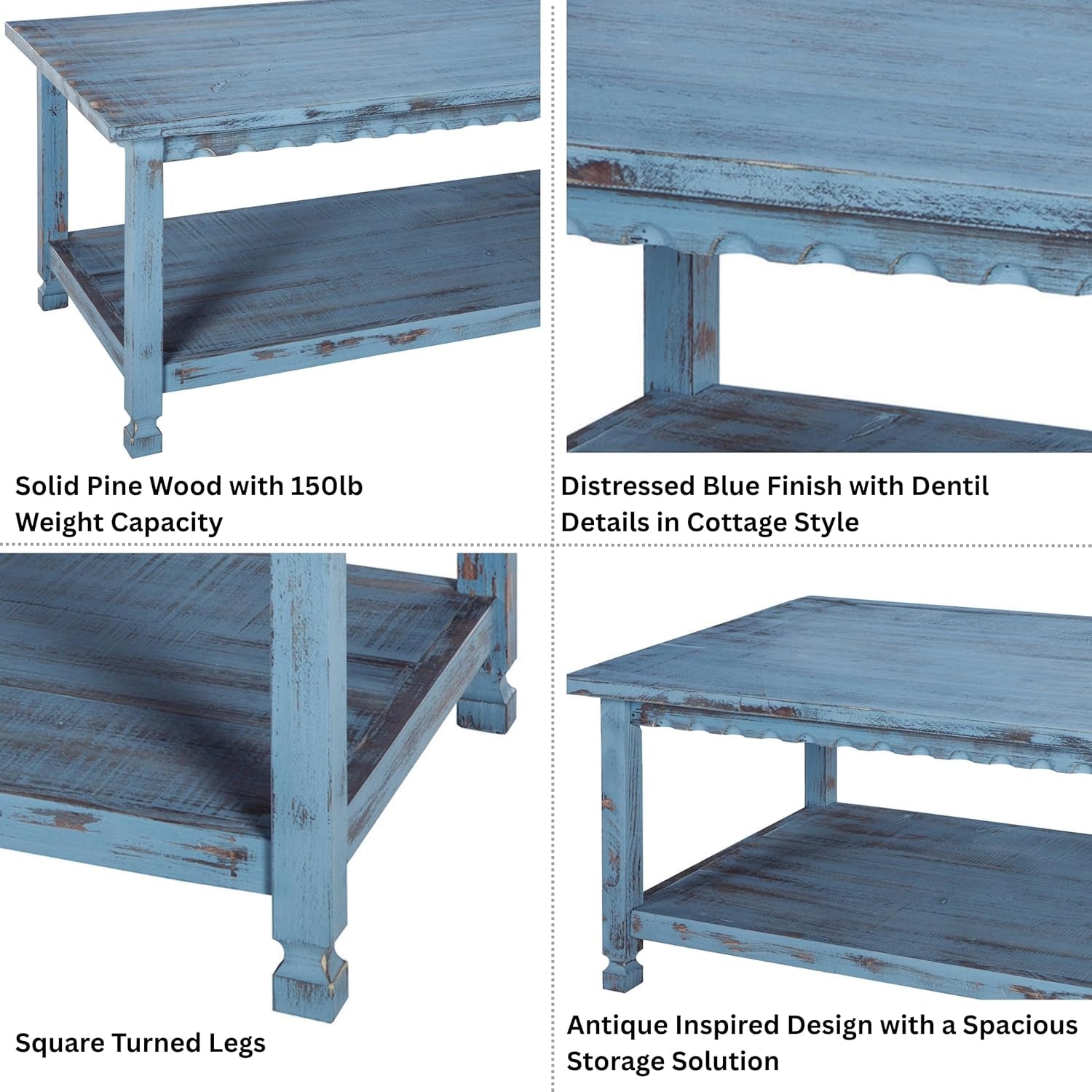 Rustic Rectangular Coffee Table, 42 In. W X 24 In. D X 18 In. H, Living Room Blue Antique, W/ (1) 36 In. W X 18 In. D X 10 In. H Shelf, Farmhouse/Cottage Style, Select Hardwood/Construction