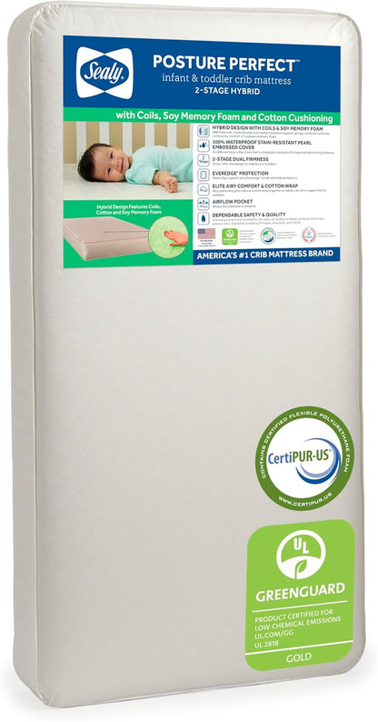Posture Perfect Breathable Crib Mattress, GREENGUARD Gold Certified, Made in USA, 2 Stage Hybrid Memory Foam & 150 Premium Coils, Toddler Bed Fit, Safety & Quality Tested, 52X28"