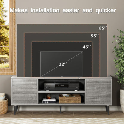 Modern TV Stand for 65" Television, Entertainment Center with Two Storage Cabinets, Retro Style Media Console for Living Room, Bedroom, Office, 58 Inch, Light Gray