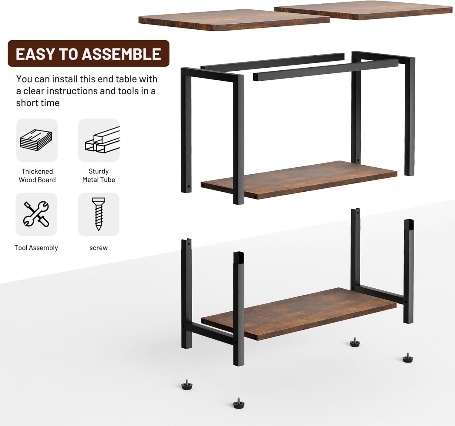 Side Table for Living Room, 3-Tier End Table for Small Space with Wide Storage Tabletop, Rustic Brown Narrow Nightstand for Bedroom, Sofa Couch