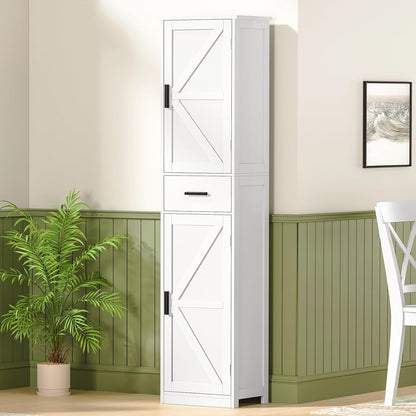 Tall Bathroom Cabinet, Storage Cabinet with 6 Shelves & Drawer, Bathroom Storage Cabinet with Adjustable Shelves, Tall Cabinet for Living Room, Home Office, White