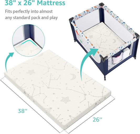 Bamboo Pack and Play Mattress Pad Breathable 38X26 Waterproof Baby Mattress for Pack N Play Matress Topper Waterproof with Strap