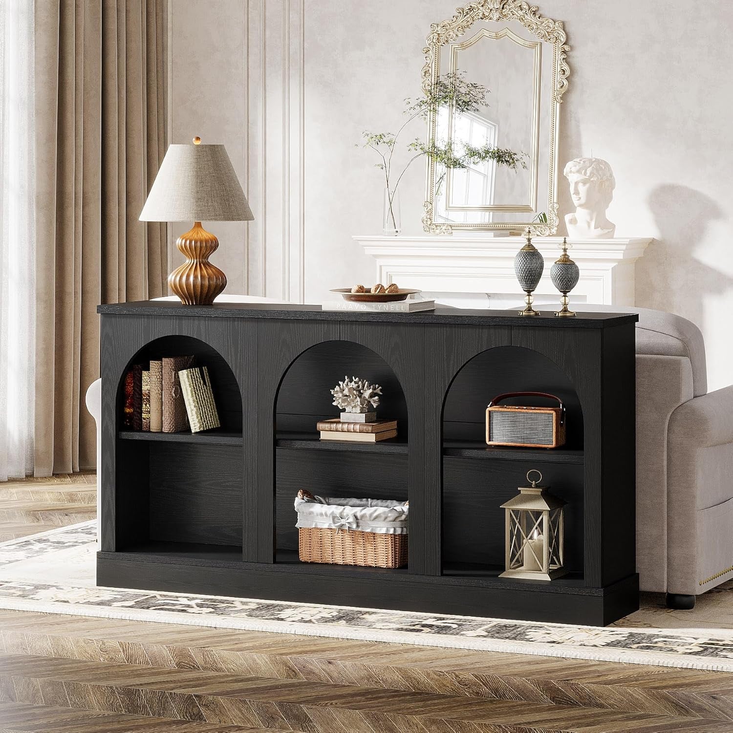Farmhouse Console Table, 63-Inch Long Entryway Table with 3 Tier Storage, Wooden Rectangular Sofa Table behind the Couch for Entrance, Hallway, Living Room, Black