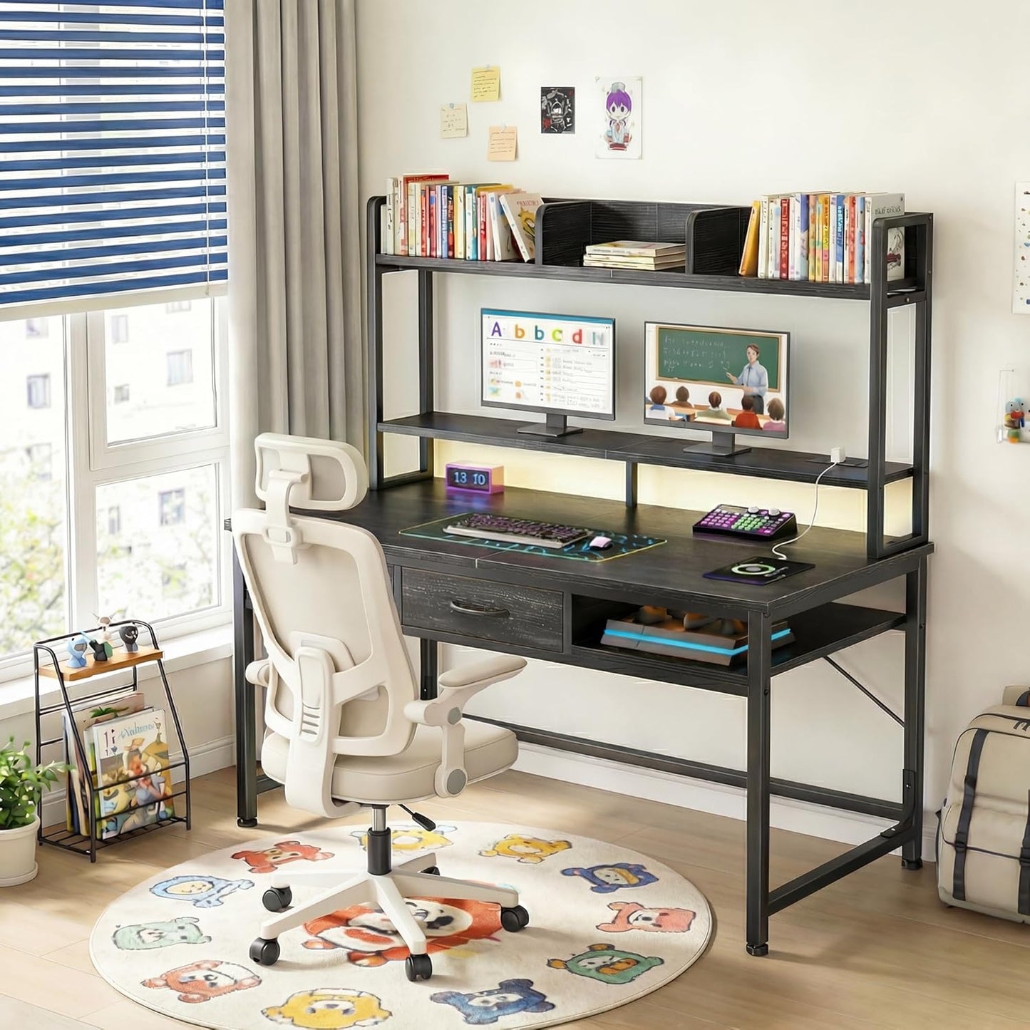39.4" Computer Desk with Hutch & Monitor Stand,Gaming Desk with LED &Power Outlet,Writing Desk with 2Drawers &1Open Storage,Office Desk,Study Desk for Bedroom Home Office,Small Space,Black