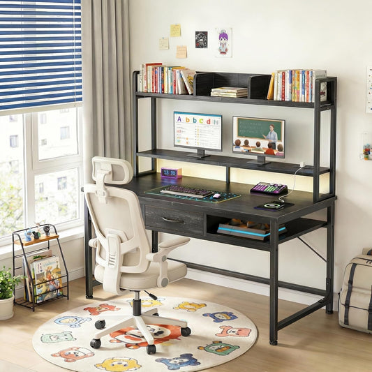 39.4" Computer Desk with Hutch & Monitor Stand,Gaming Desk with LED &Power Outlet,Writing Desk with 2Drawers &1Open Storage,Office Desk,Study Desk for Bedroom Home Office,Small Space,Black
