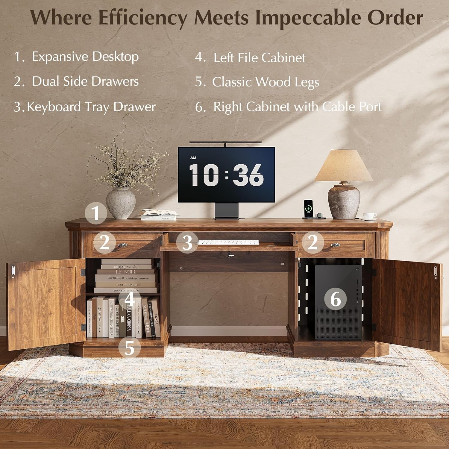 59" Classic Executive Desk with Storage, Victorian Executive Desk with Charging Station, Keyboard Tray, 3 Drawers & 2 Cabinet Storage & 2 Pedestals, Easy Assembly, Dark Walnut