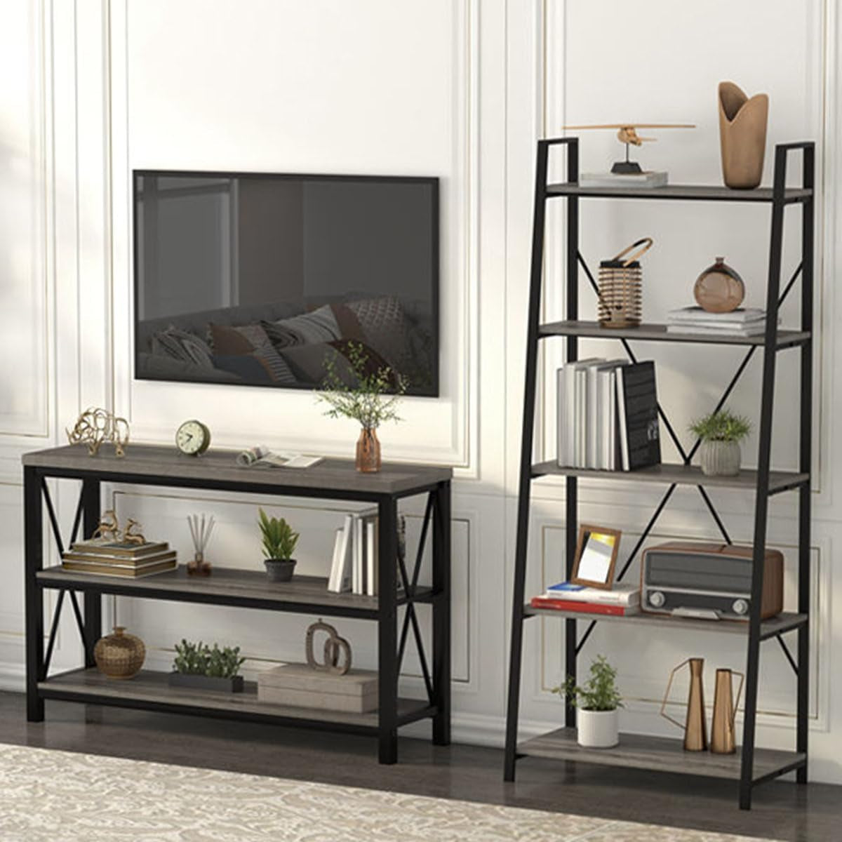 5-Tier Ladder Shelf, Industrial Leaning Bookcase, Wood and Metal Ladder Bookshelf for Living Room, Bedroom, Kitchen, Home Office (Grey Oak)