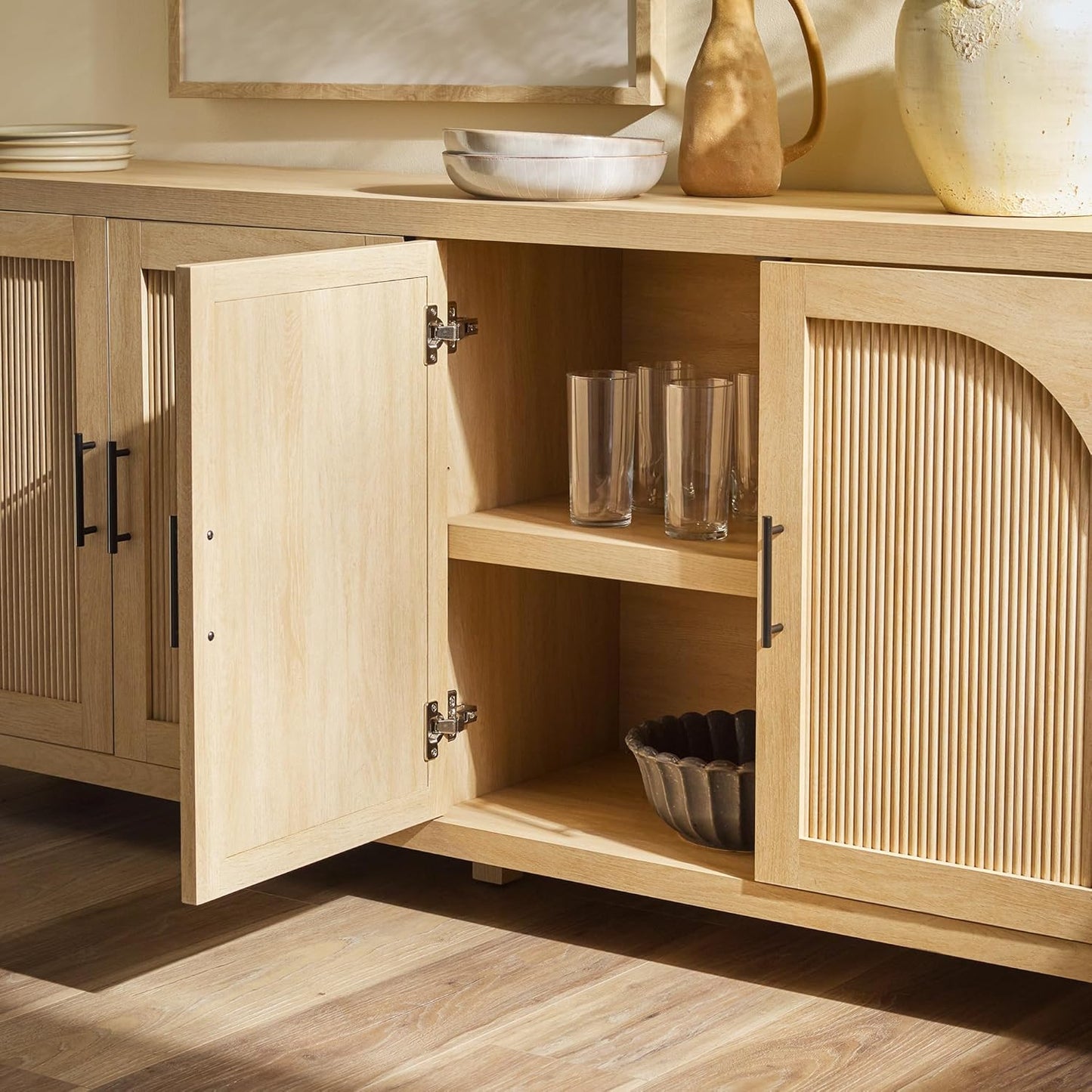 Sasha 4-Door Reeded Sideboard Buffet with Cord Management, 70 Inch, Coastal Oak