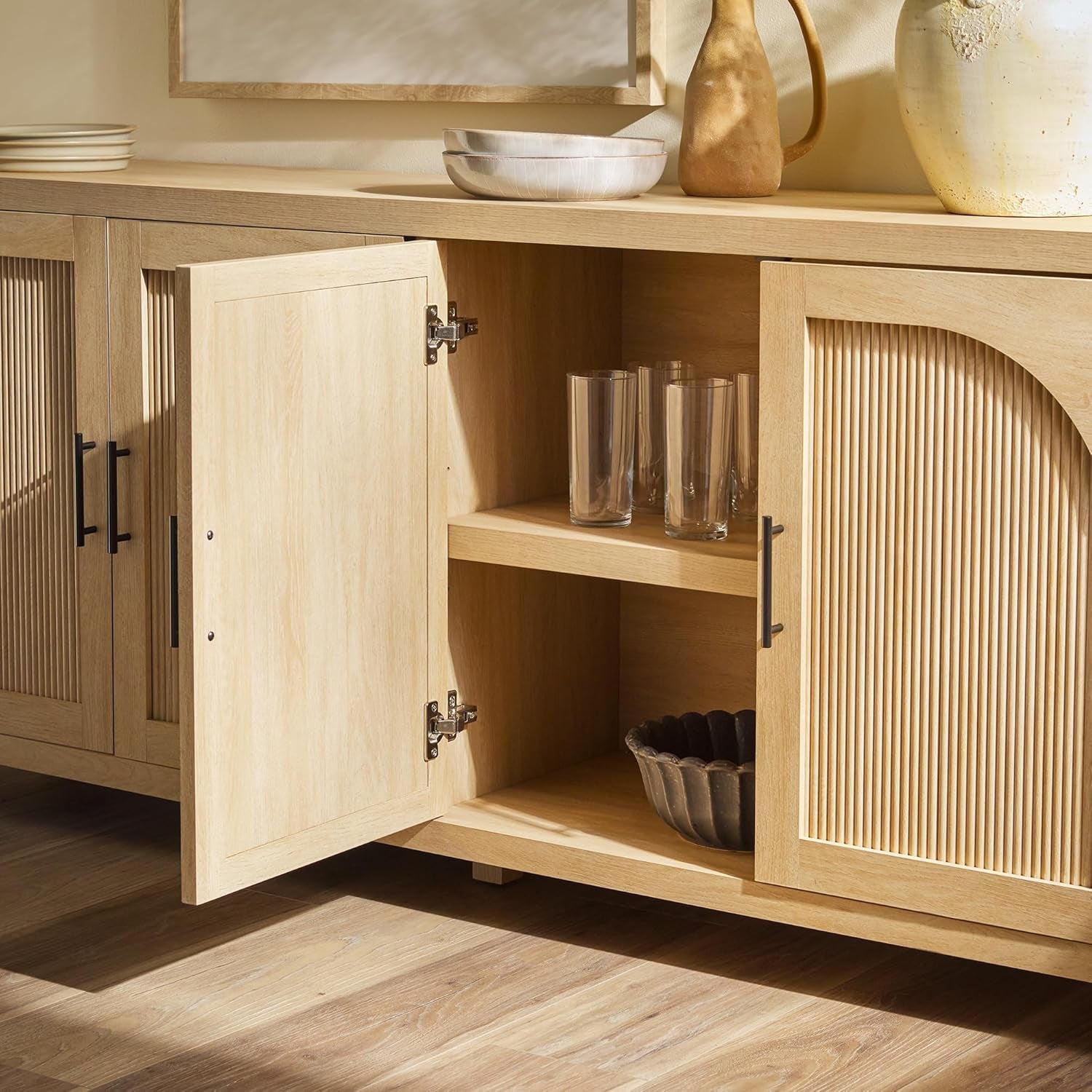 Sasha 4-Door Reeded Sideboard Buffet with Cord Management, 70 Inch, Coastal Oak
