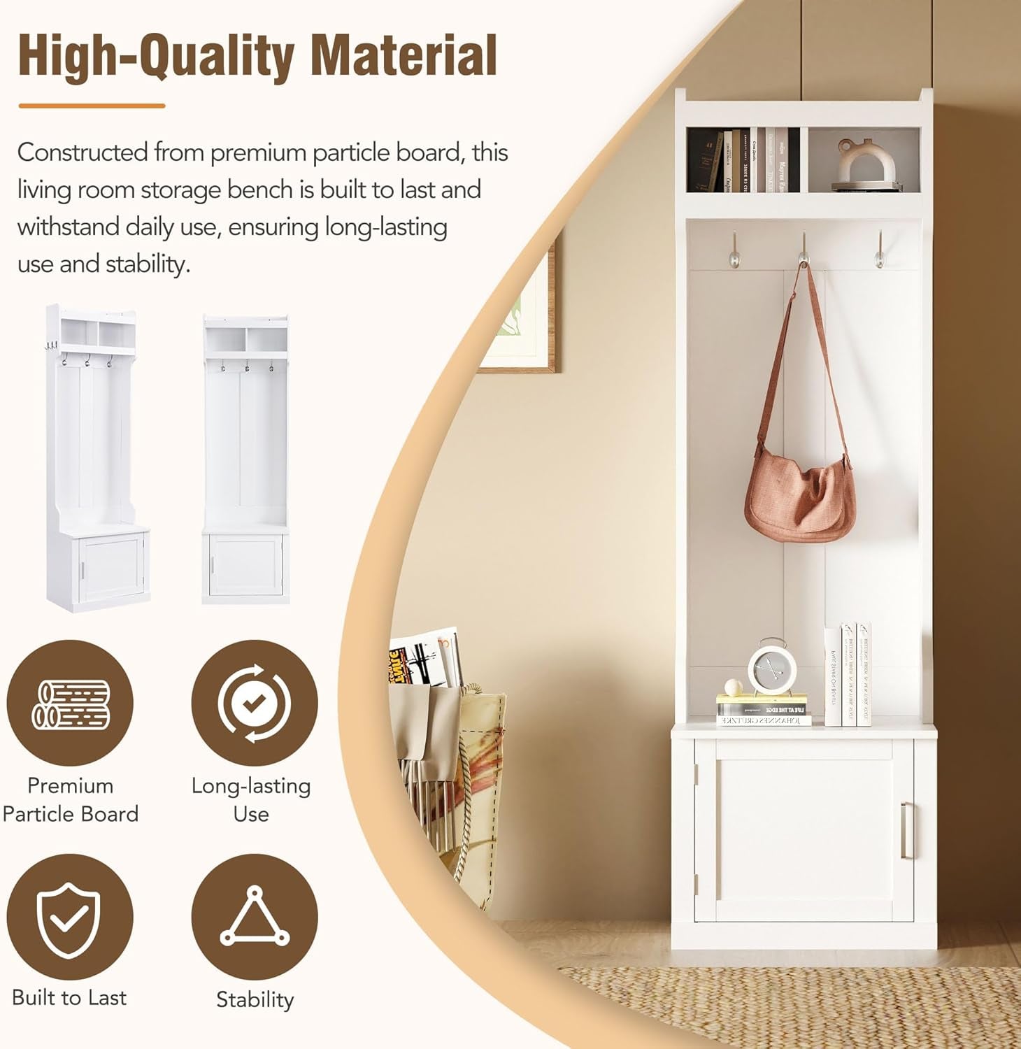 Minimalist Slim Hall Tree with Shoe Bench and 6 Hanging Hooks,Multi-Functional Entryway Coat Rack with Cabinet,Tall Hall Tree for Hallway,Living Room(White)