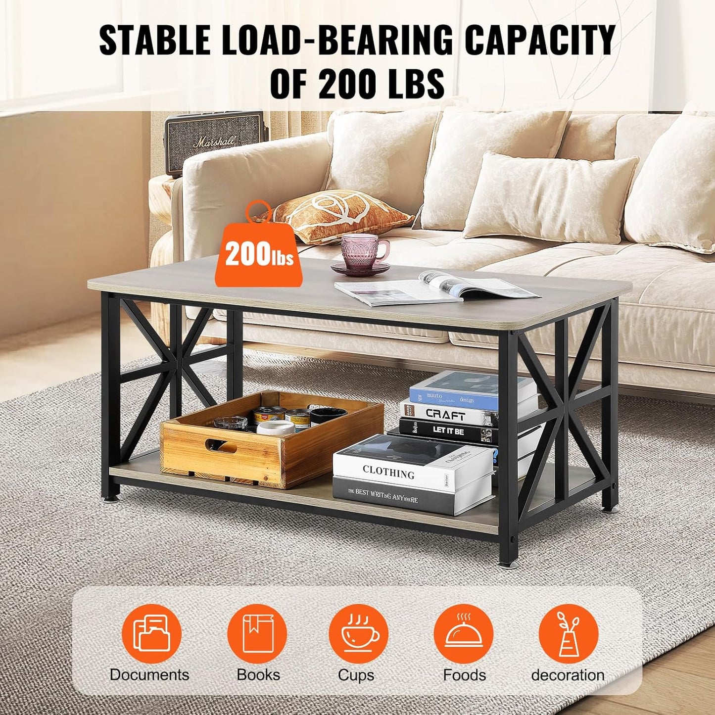 40" Farmhouse Coffee Table, Rectangle Coffee Table with Open Storage Compartment, Wooden Rustic Cocktail Table for Living Room, Bedroom, Apartment, Studio, Brown & Black