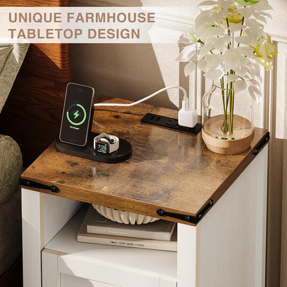 Farmhouse Nightstands with Charging Station, End Tables Set of 2 with Barn Door, Sofa Side Table with Storage Space for Bedroom, Living Room (White)