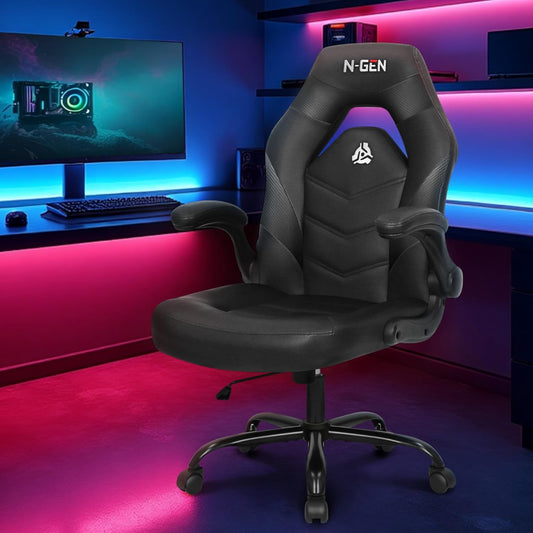 N-GEN Video Gaming Chair Ergonomic Computer Desk Office Chair with Lumbar Support Adjustable Height Swivel Wheels Flip-Up Arms PU Leather Home and Office (Black)