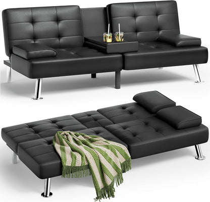 Faux Leather Futon Sofa Bed Futon Couch with Removable Armrests Adjustable Sleeper Sofa Bed with 2 Cup Holders for Living Room (PU Leather, Black)