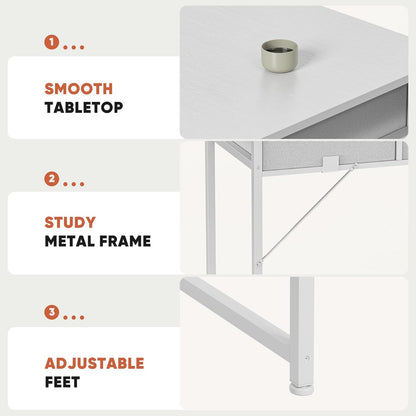 32" Home Office Computer Desk with Drawers, Small Gaming Writing Study Table with Storage Side Bag, Headphone Hook and Adjustable Feet for Bedroom White