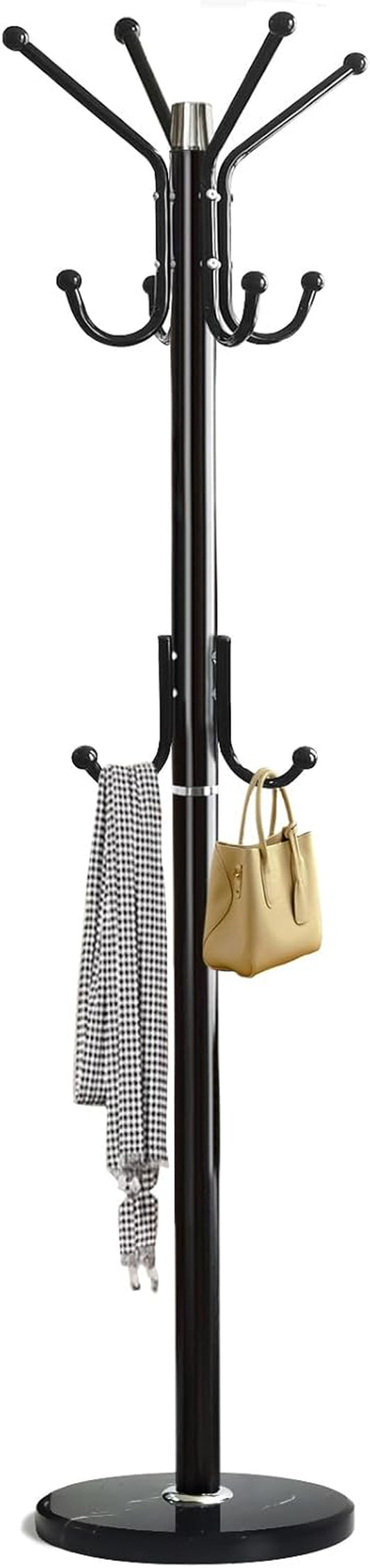 Modern Coat Rack Freestanding with Natural Marble Base & Sturdy Metal Frame, 11 Hooks Hall Tree for Jackets, Hats, Bags, Entryway Organizer for Bedroom, Living Room, Closet (Black)