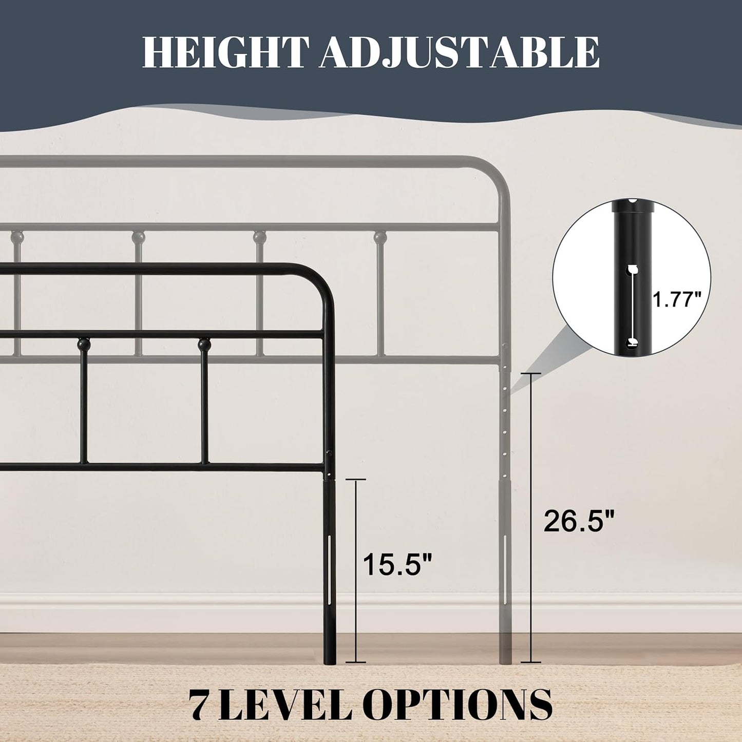 Metal Headboard Queen Size, Sturdy and Durable Iron Queen Headboard Only Adjustable Height from 34” to 44”, Victorian Vintage Bed Headboards, Farmhouse Head Board, Bed Frame Mount Black