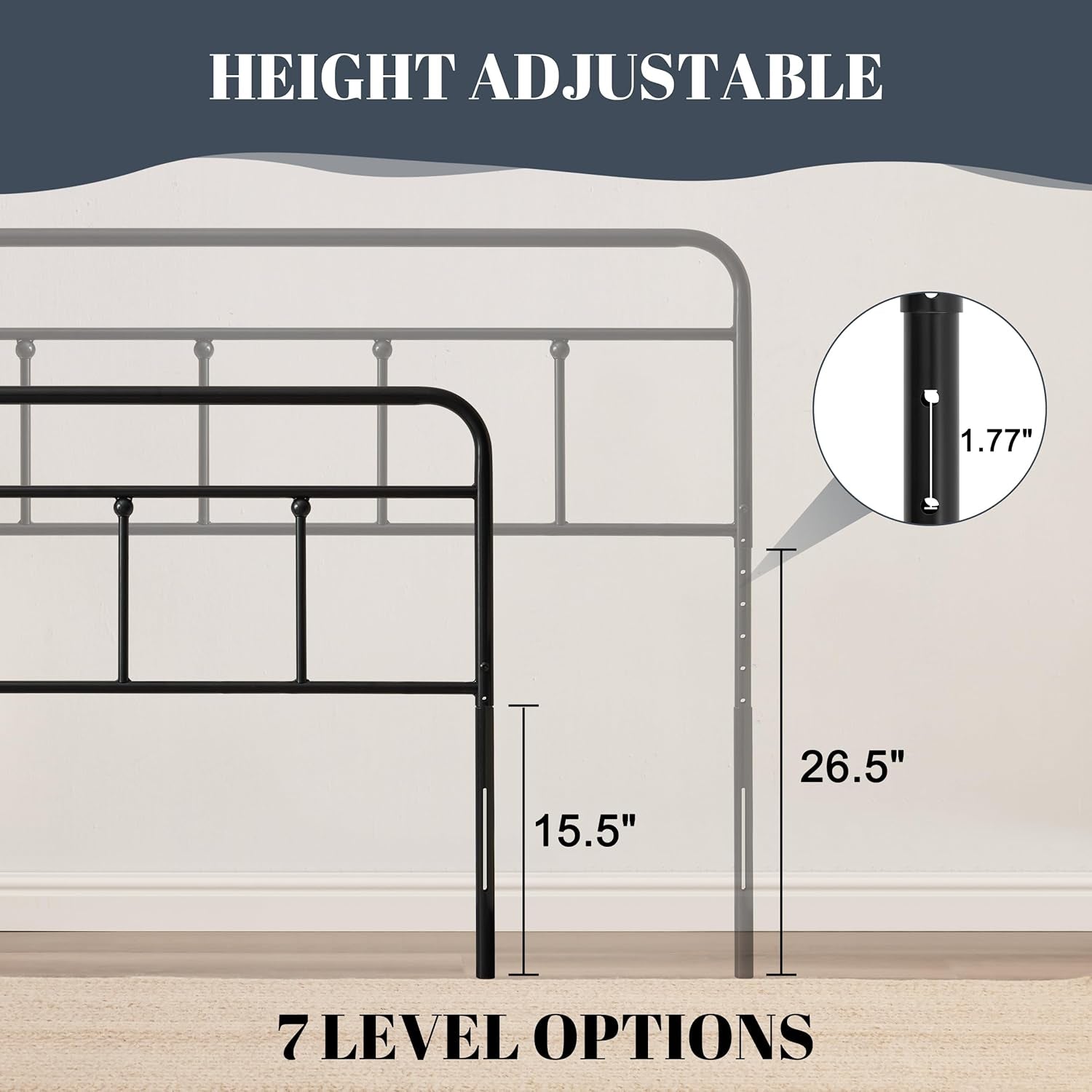Metal Headboard Queen Size, Sturdy and Durable Iron Queen Headboard Only Adjustable Height from 34” to 44”, Victorian Vintage Bed Headboards, Farmhouse Head Board, Bed Frame Mount Black