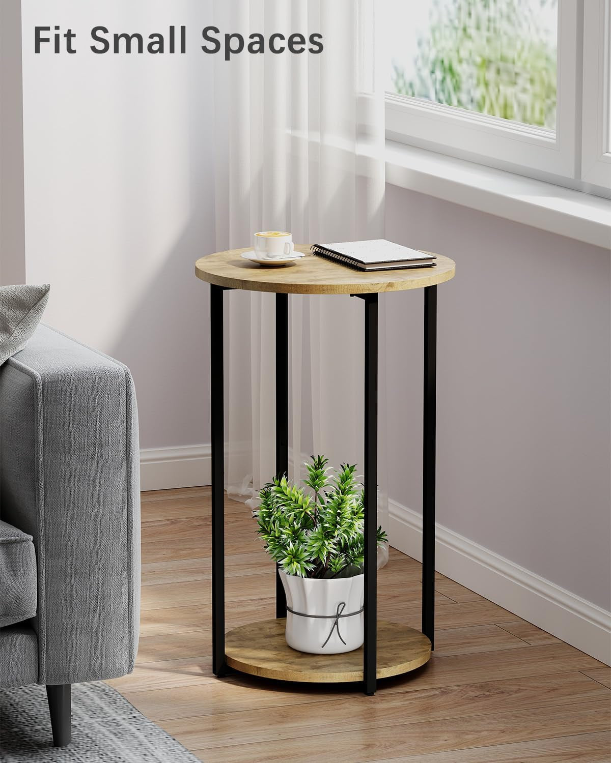Round Side Table, Small End Table with Storage Shelf, Circle Table for Living Room, Bedroom and Small Spaces, Metal Frame, Greige