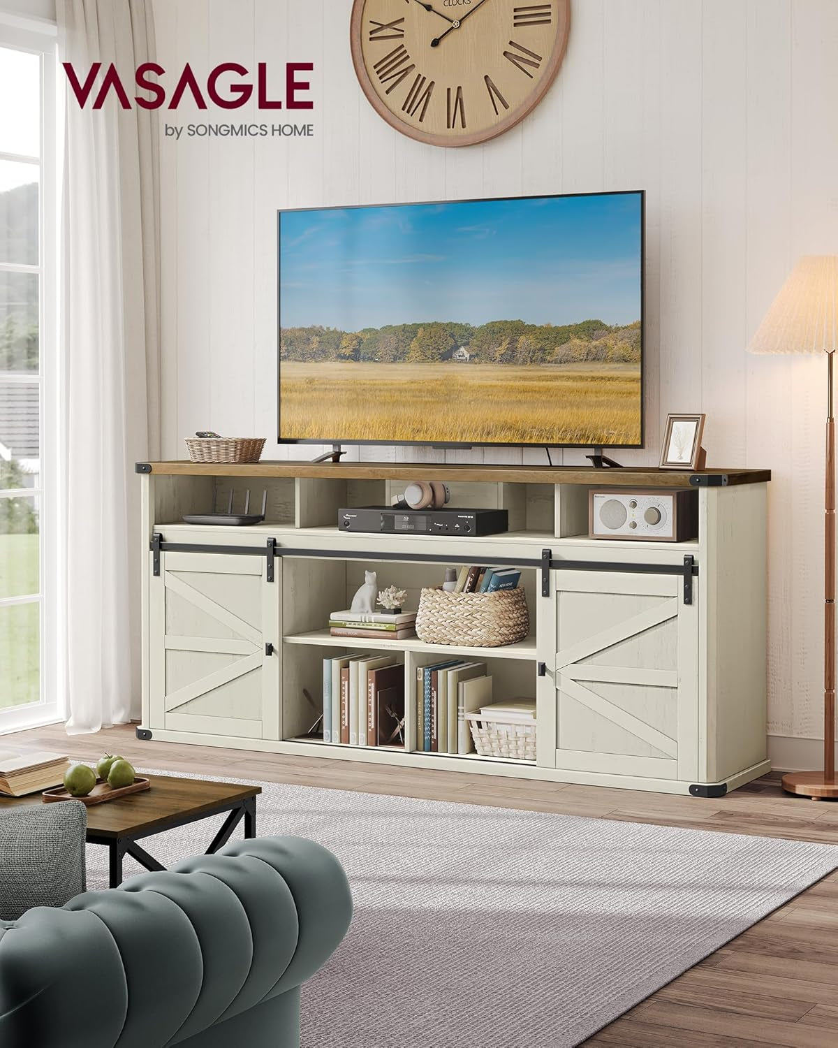 TV Stand for Tvs up to 75 Inches, Farmhouse Entertainment Center with Sliding Barn Doors, Console Table for Living Room, Rustic White and Honey Brown ULTV323W02
