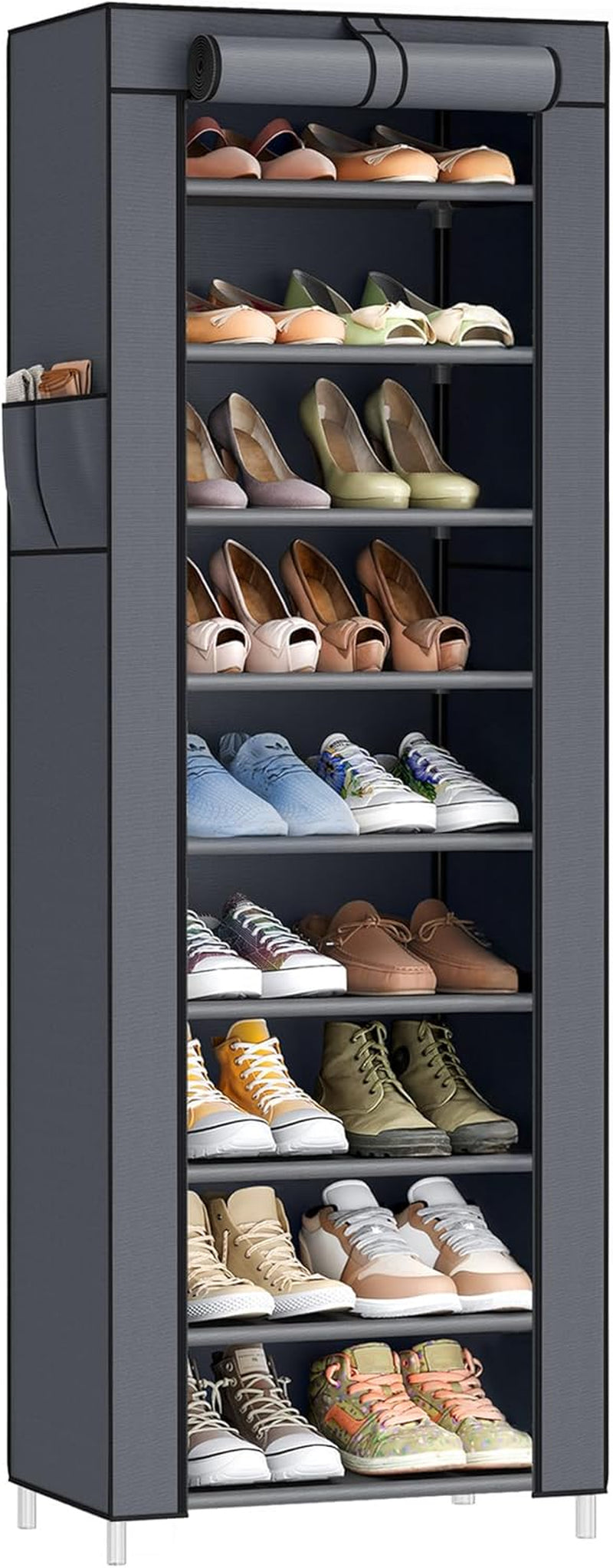 10-Tier Shoe Rack, Shoe Storage Cabinet with Dustproof Cover, Free-Standing Storage Organizer for Closet, Entryway, Hold 20 Pairs of Shoes, for Sneakers, High Heels, Gray URXJ034GN02