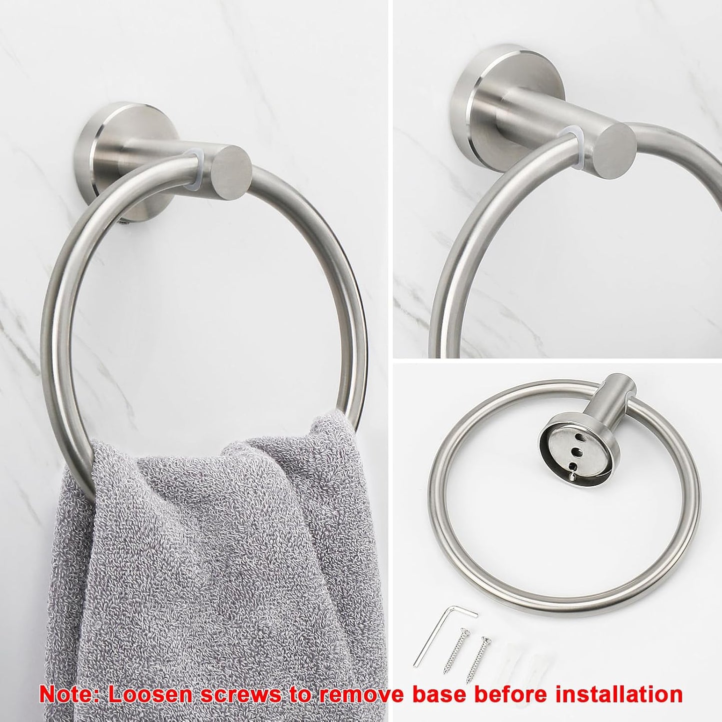 Bath Towel Ring, Bathroom Hardware Accessories-Thicken Stainless Steel Hand Towel Holder for Bathroom, Modern round Towel Hanger Wall Mounted (Brushed Nickel, 1 Pack)