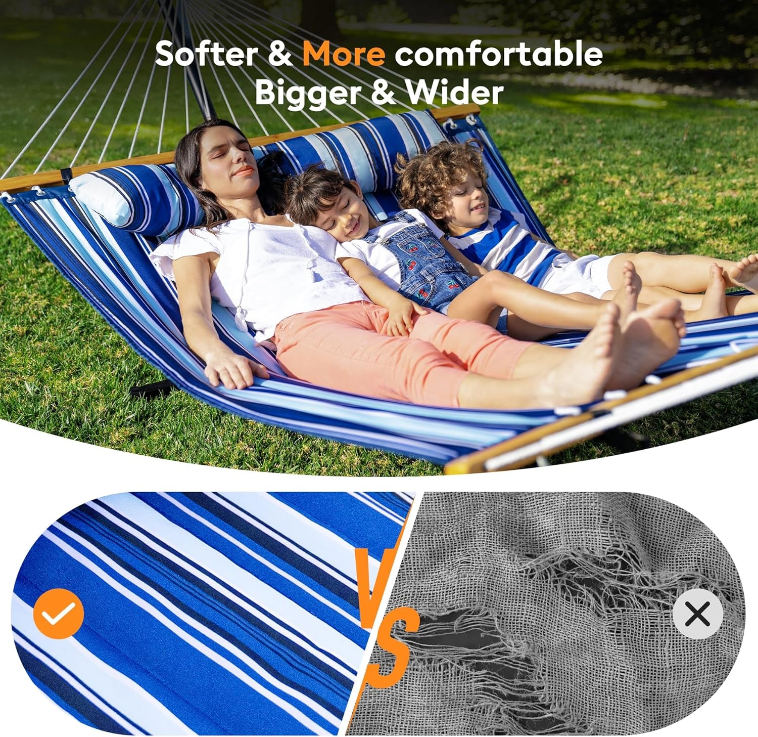 Double Hammock with Spreader Bar,Soft Pillow,Max Load 500Lbs,Portable Hammock for Outdoor,Camping,And Backyard,Blue