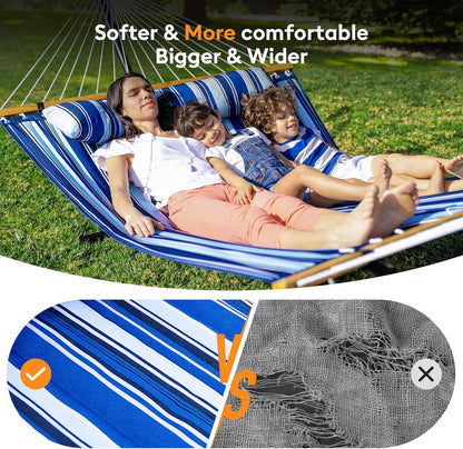 Double Hammock with Spreader Bar,Soft Pillow,Max Load 500Lbs,Portable Hammock for Outdoor,Camping,And Backyard,Blue
