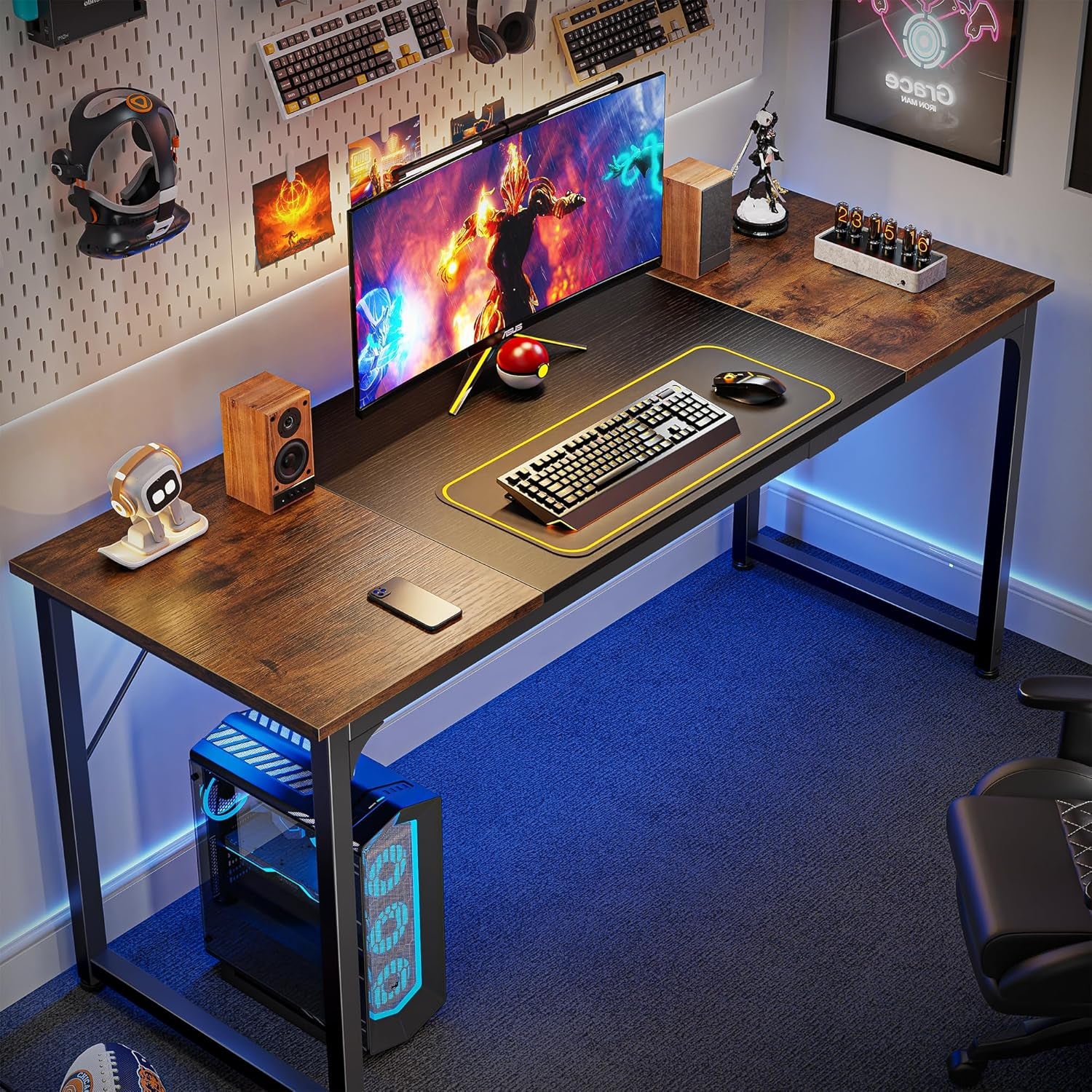 Computer Desk, 63 Inch Office Desk, Gaming Desk with Storage, Writing Desk Work Desk for Home Office, Study, Modern Simple Desk, Large Legroom, Metal Frame, Rustic Brown and Black