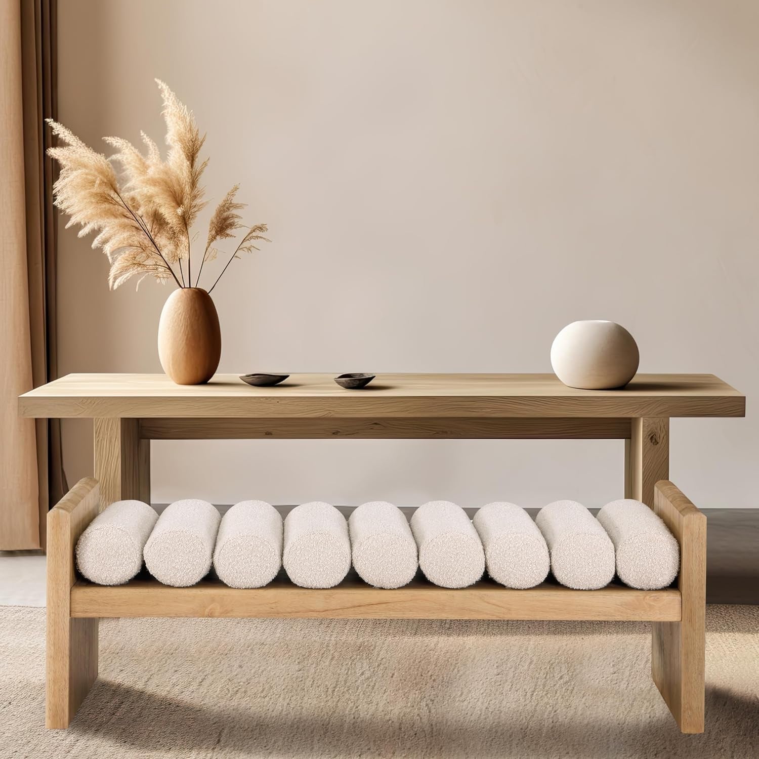 179Cream Waverly Collection Modern | Contemporary Bench with Solid Wood Rich Natural Finish, Luxurious Cream Boucle Fabric, 52" W X 19" D X 18" H, Cream