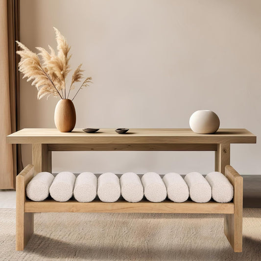 179Cream Waverly Collection Modern | Contemporary Bench with Solid Wood Rich Natural Finish, Luxurious Cream Boucle Fabric, 52" W X 19" D X 18" H, Cream
