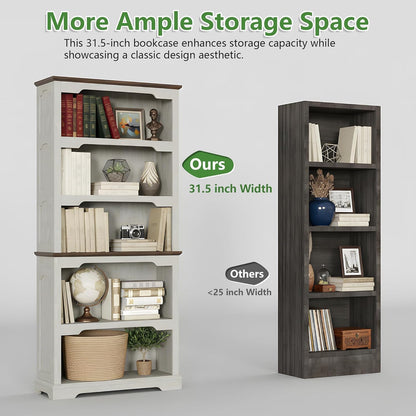 70 Inches Farmhouse Bookcase Bookshelf, Two-Tone Shelves, 5 Tier Bookshelf with Arched Trim, Home Office Living Room Storage Cabinet Unit, 31.5X11.8 Inches (Distressed White & Walnut, Open Shelf)