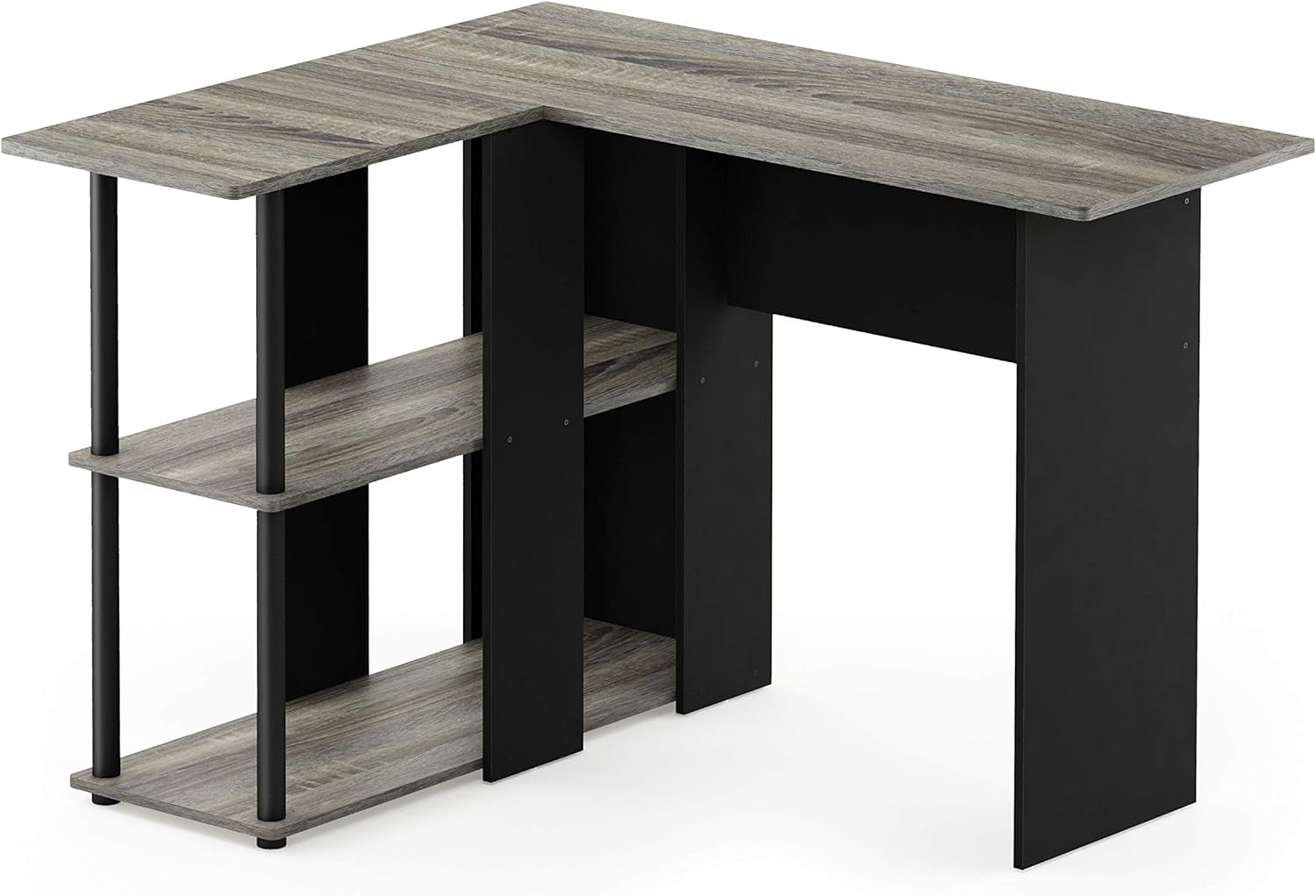 Abbott L-Shape Computer Desk with Bookshelf, French Oak Grey/Black