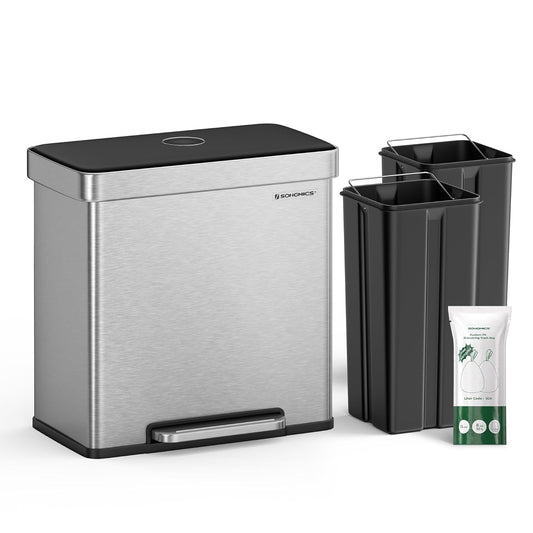 Kitchen Trash Can, 16 Gallon (2 X 8 Gallon) Dual Compartment Garbage Can, 60L Pedal Recycling Bin, Stays Open and Soft Close, Stainless Steel, 15 Bags Included, Metallic Silver ULTB202E01