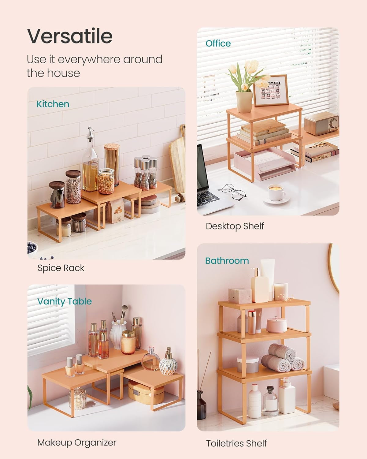 Cabinet Organizer Shelf, Set of 3 Kitchen Counter Shelves, Kitchen Storage, Spice Rack, Stackable, Expandable, Apricot UKCS220Y01V1