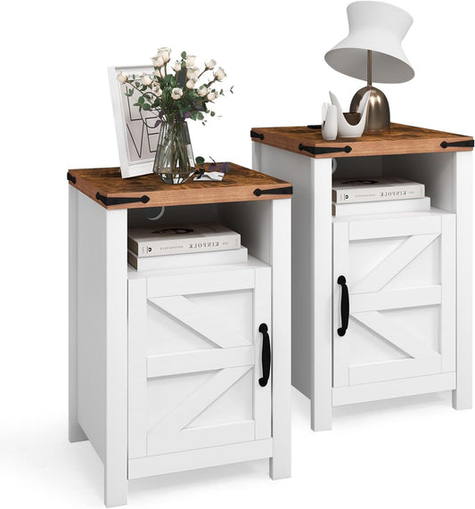 Farmhouse Nightstands with Charging Station, End Tables Set of 2 with Barn Door, Sofa Side Table with Storage Space for Bedroom, Living Room (White)